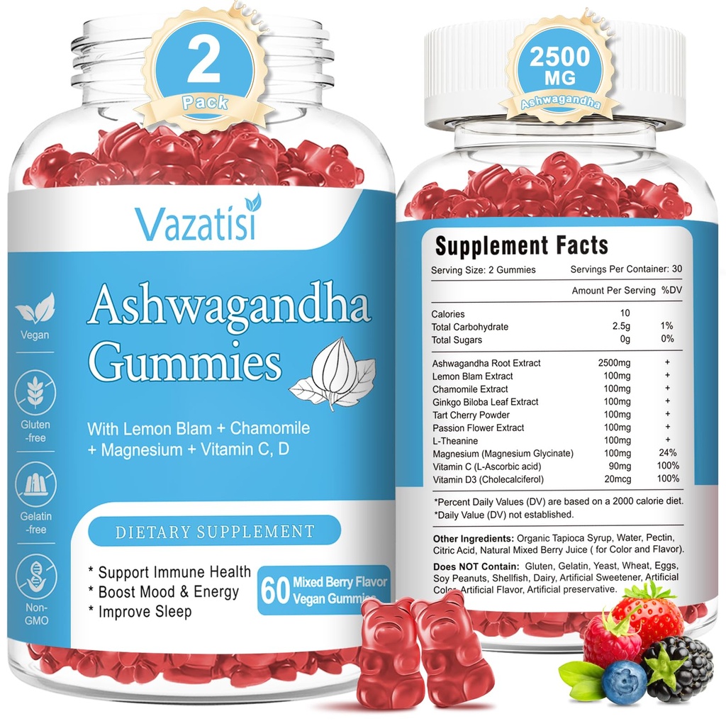 2 Pack Ashwagandha Gummies pentru femei Bărbaţi, Sugar Free Organic Ashwagandha Gumies Supliment pentru Relax Restaurare echilibru, Vegan Gluten gratuit, 120 Conte