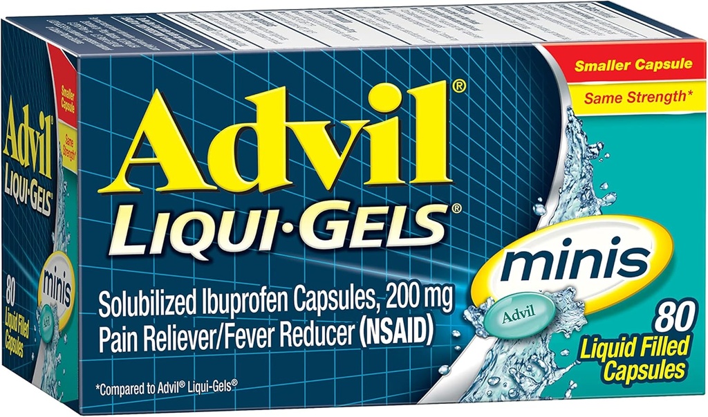 Advil Liqui-Gels Minis Pain Relieiver și Reductor de Febră, Pain Medicine pentru adulți cu Ibuprofen 200mg pentru calmarea durerii - 80 capsule umplute cu lichid