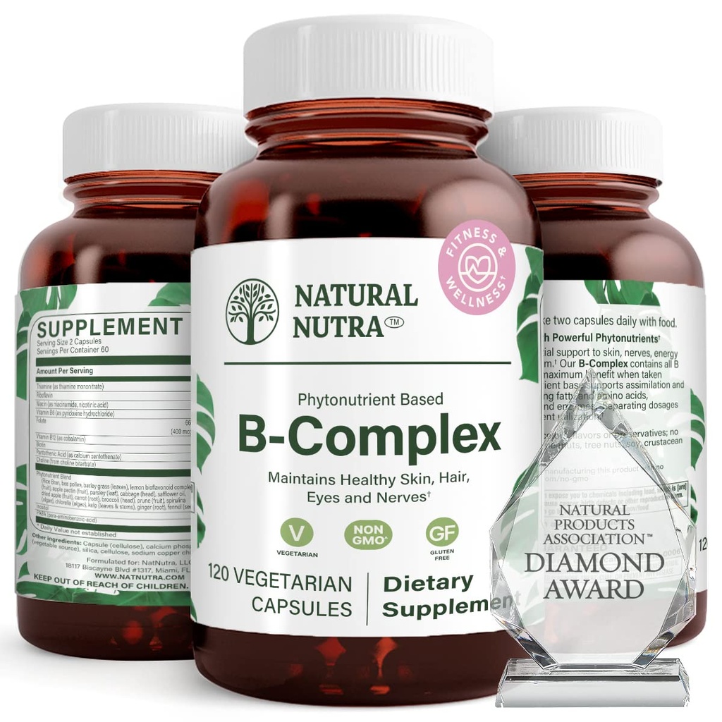 Natural Nutra Vitamina B Complex cu Niacin, Folate, Tiamin, Biotin, Sprijină Sistemul Nervos Sănătate, Promovează Metabolism, Piele, Ochi și Sănătatea Părului, Întreaga Supliment alimentar, 120 Capsule vegetariene