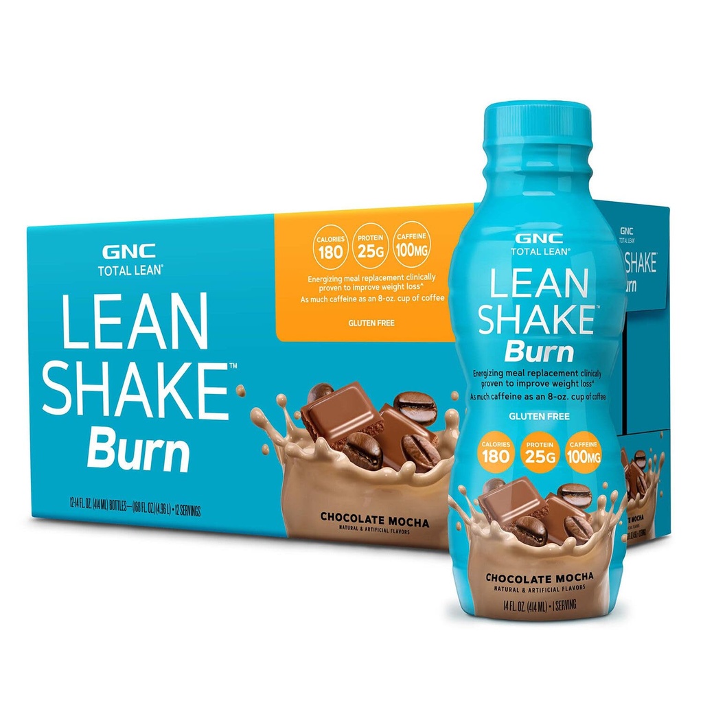 GNC Lean Shake Burn cu cofeina, înlocuirea mesei, ciocolată Mocha, 25g Proteina, Clinic dovedit managementul greutății, gata de băut, Zero Adăugat zahăr, 14 oz sticle, Pachet de 12