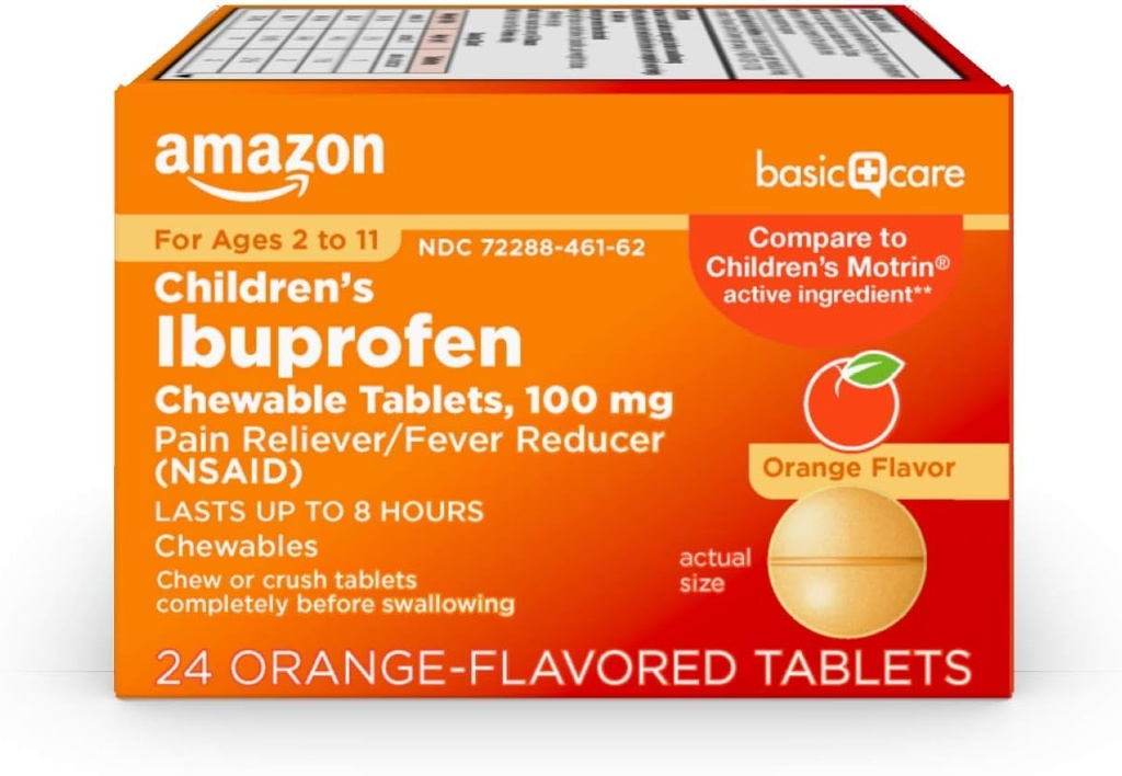 Îngrijire de bază pentru copii Ibuprofen comprimate masticabile, 100 mg, Reliever durere și Reductor febră, Aroma portocalie, pentru dureri, dureri de gât, durere de dinți și ajutor de cap, 24 Conte