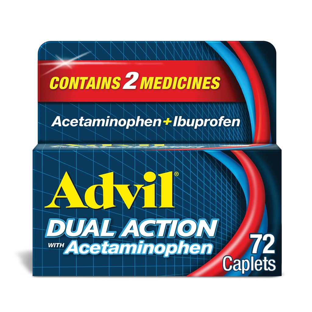 Advil Caplete cu acţiune dublă cu Acetaminofen, 250 Mg Ibuprofen şi 500 Mg Acetaminofen per doză (2 doză echivalentă) pentru 8 ore de calmare a durerii - 72 Conte