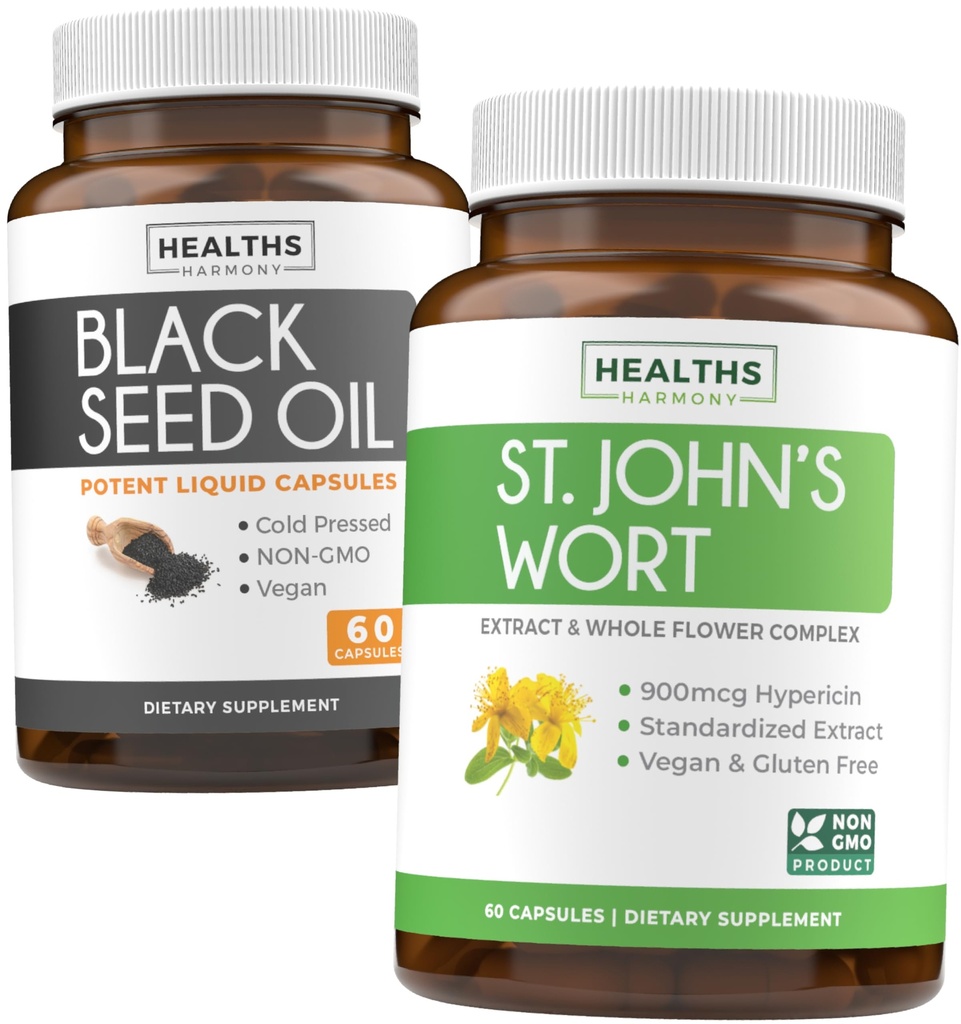 Ulei de semințe negru & St. John's Wort (1-Lonth Supply) Serene Blend Bundle of Black Seed Oil (60 capsule) Cold-Pressed Nigella Sativa & St. John's Wort (60 capsule) with Powerful 900mcg Hypericin