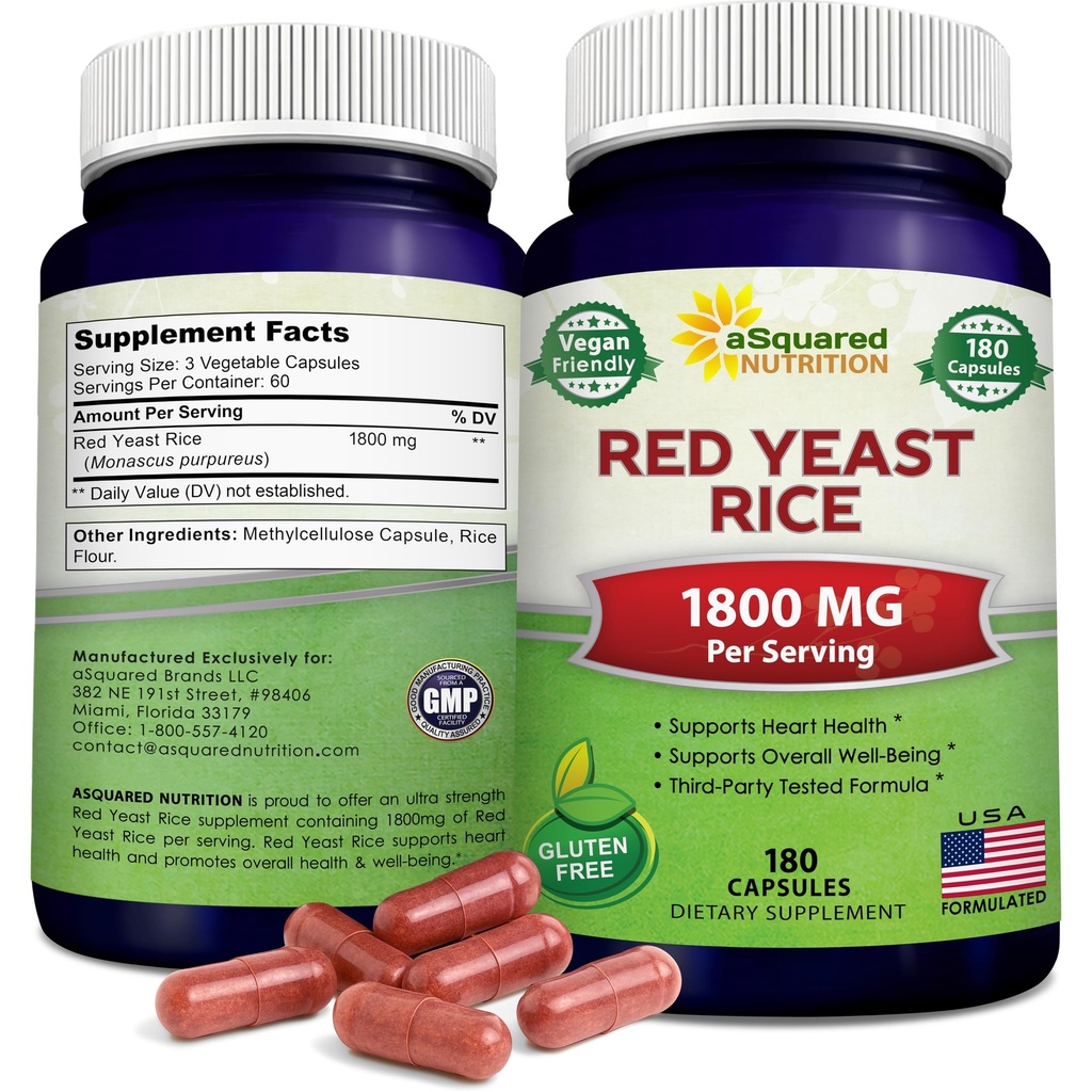 aSquared Nutrition Red Yeast Rice 1800mg - Supliment alimentar Pastile de pulbere Vegan pentru a sprijini sănătatea cardiovasculară - 180 Capsule vegetale