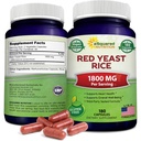 aSquared Nutrition Red Yeast Rice 1800mg - Supliment alimentar Pastile de pulbere Vegan pentru a sprijini sănătatea cardiovasculară - 180 Capsule vegetale