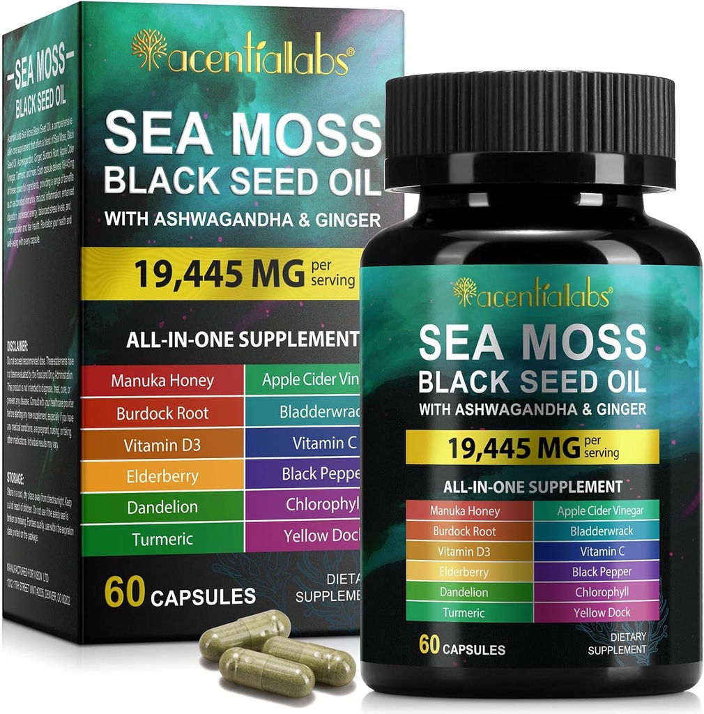 Sea Moss Black Seed Oil, Sea Moss Black Seed Oil Ashwagandha Ginger Capsule cu vitamine Bladderwrack, Brodock Root și mai mult, 60 capsule