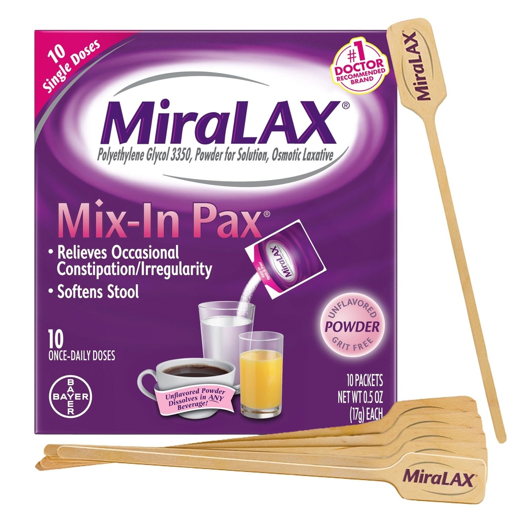 MiraLAX Constipaţie uşoară Lăsarea pulberii laxative, Stool Softener cu PEG 3350, Fără efecte secundare dure, Amestec de doză unică în Pax cu amestec Stirrers, Pachet de călătorie, 10 doze