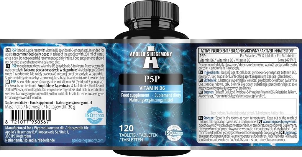 Piridoxal-5-Phosphat (P-5-P) 50 mg per tabletă - 120 comprimate Vegan - Aprovizionare 480 Serviri - Suporturi Funcții nervoase și psihologice -Vitamina B6 Dieta Supliment - de Hegemonia lui Apollo