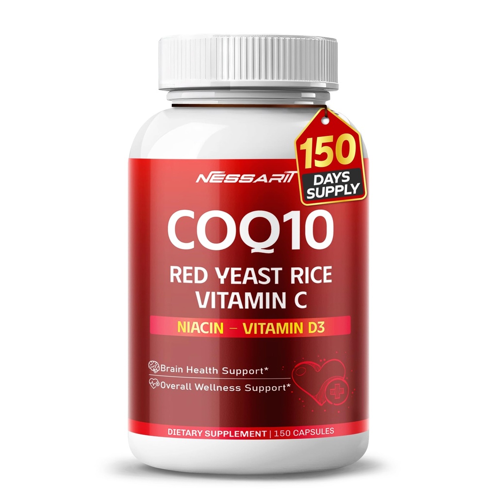 COQ10 + Red Yeast Rice Supplement - 10-in-1 Natural Blend cu Omega 3 Vitamina B3, K2, D3, Zinc Milk Thistle Black Pepper - 150 Conte - Made & Tested in the USA