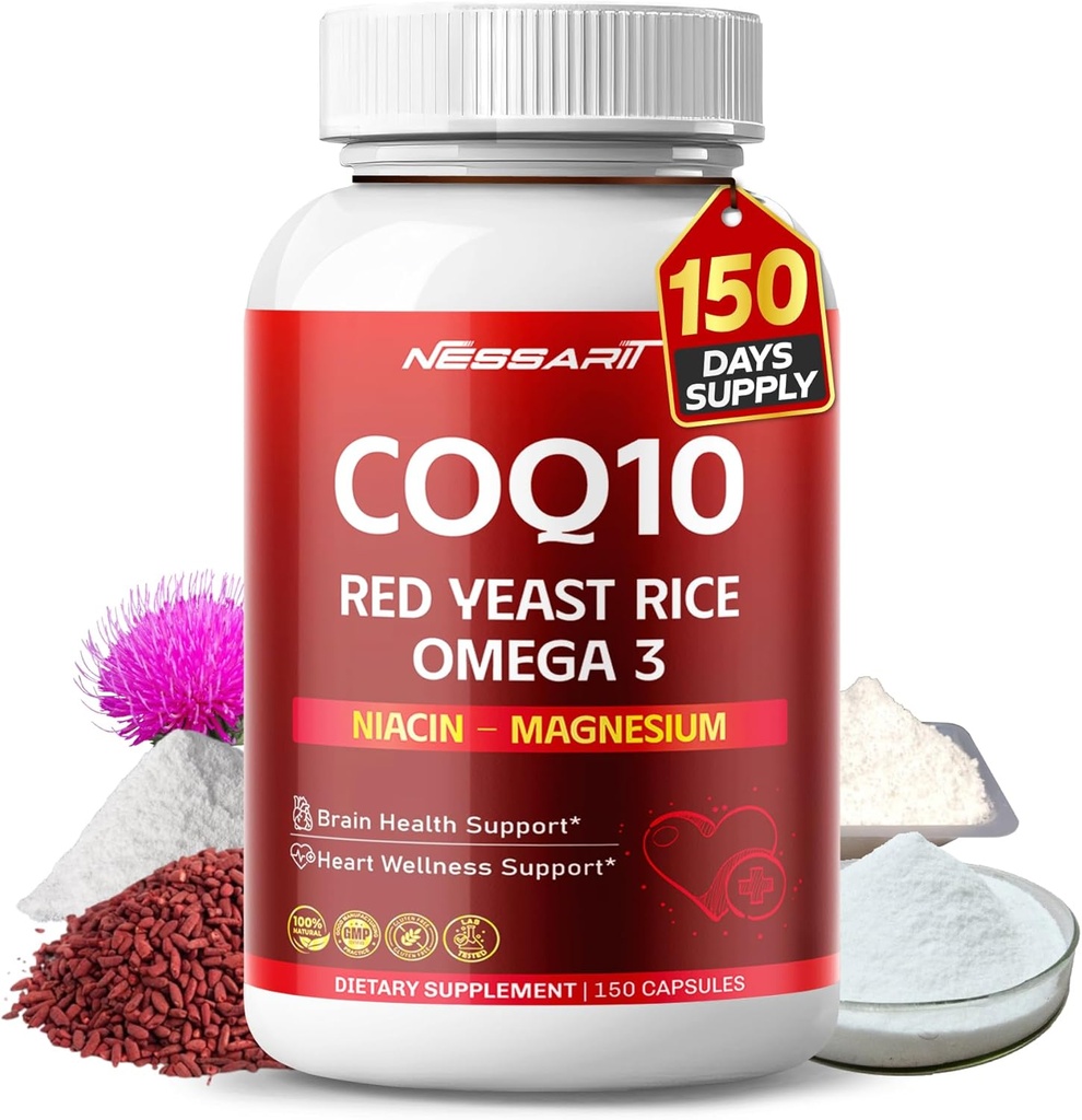 COQ10 + Red Yeast Rice Supplement - 10-in-1 Natural Blend cu Omega 3 Vitamina B3, K2, D3, Zinc Milk Thistle Black Pepper - 150 Conte - Made & Tested in the USA
