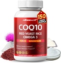 COQ10 + Red Yeast Rice Supplement - 10-in-1 Natural Blend cu Omega 3 Vitamina B3, K2, D3, Zinc Milk Thistle Black Pepper - 150 Conte - Made & Tested in the USA