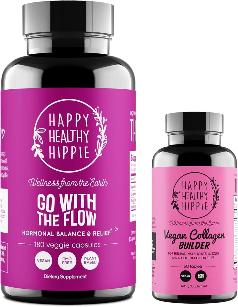Happy Healthy Hippie Vegan Colagen Constructor & Go with The Flow Hormone Balance for Women 180 Ct