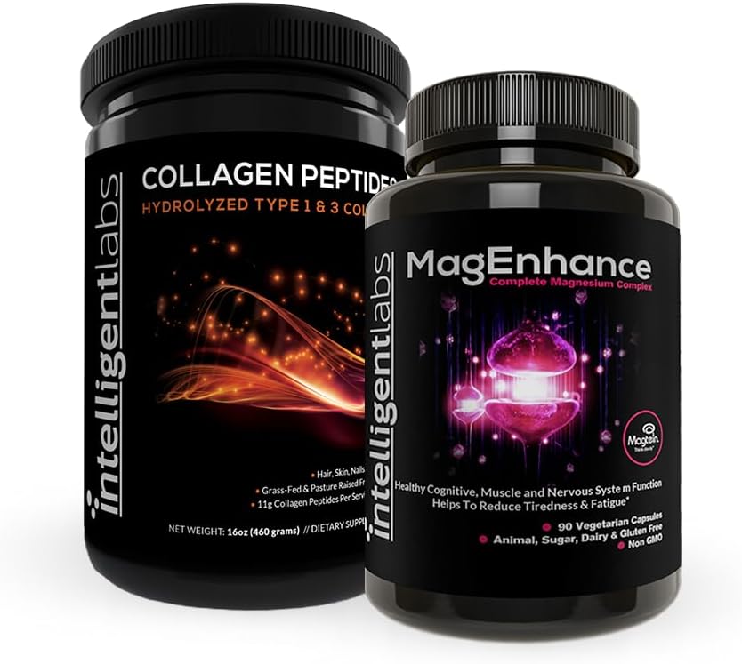 Inteligent Labs 2-in-1 Bundle of MagEnhance Supplement (High Absorbtion Chelated Magneziu Complex) and Colagen Peptides Powder (Unflavored Organic Hydrolyzed Type 1 & 3 Colagen Proteine Powder)