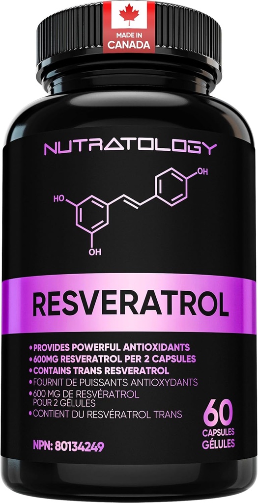 Nutratologie Resveratrol Supliment - Potent Antioxidant Supliment - Anti imbatranire Trans Resveratrol - Creste sanatatea cardiovasculara, Regenerarea celulelor si cresterea parului - 60 capsule - 30 Serviri