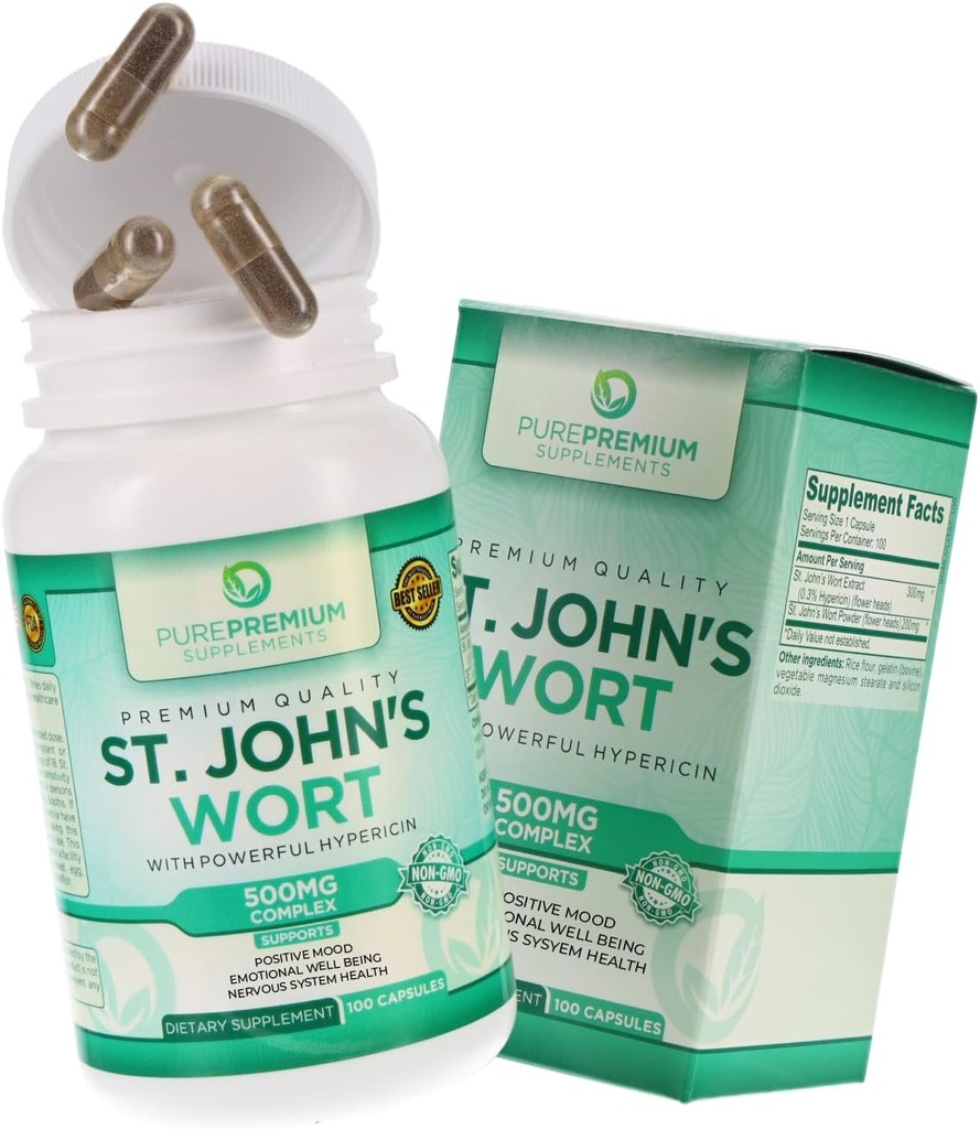 Capsule Pure Premium St. Johns Wort 500mg - Supliment de susţinere a dispoziţiei - Suplimente de stres natural şi natural - St John Wort Support Mood pozitiv pentru bărbaţi şi femei - 3 luni aprovizionare - 100 capsule