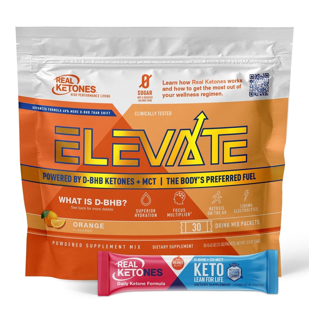 Cetone Real MCT & BHB Cetone Exogene Drink Mix Pachete Lift Keto Electrolites Pachete de pulbere fără zahăr cu 4 Electroliți principali Plus Hidratare Proprietate Keto BHB - 30 Pack Orange