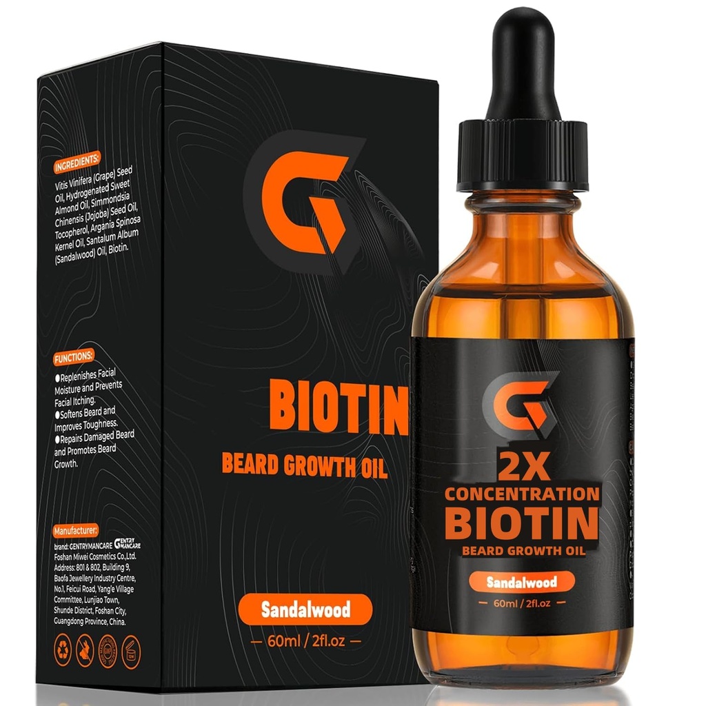 2X Concentrație Biotin Barbă ulei de creștere pentru bărbați - Leaf-In Balsam & Softner - Histurizes, Thickens, Consolidarea și promovează creșterea facială a părului - Organic Argan & Jojoba Oil - 2fl. Oz