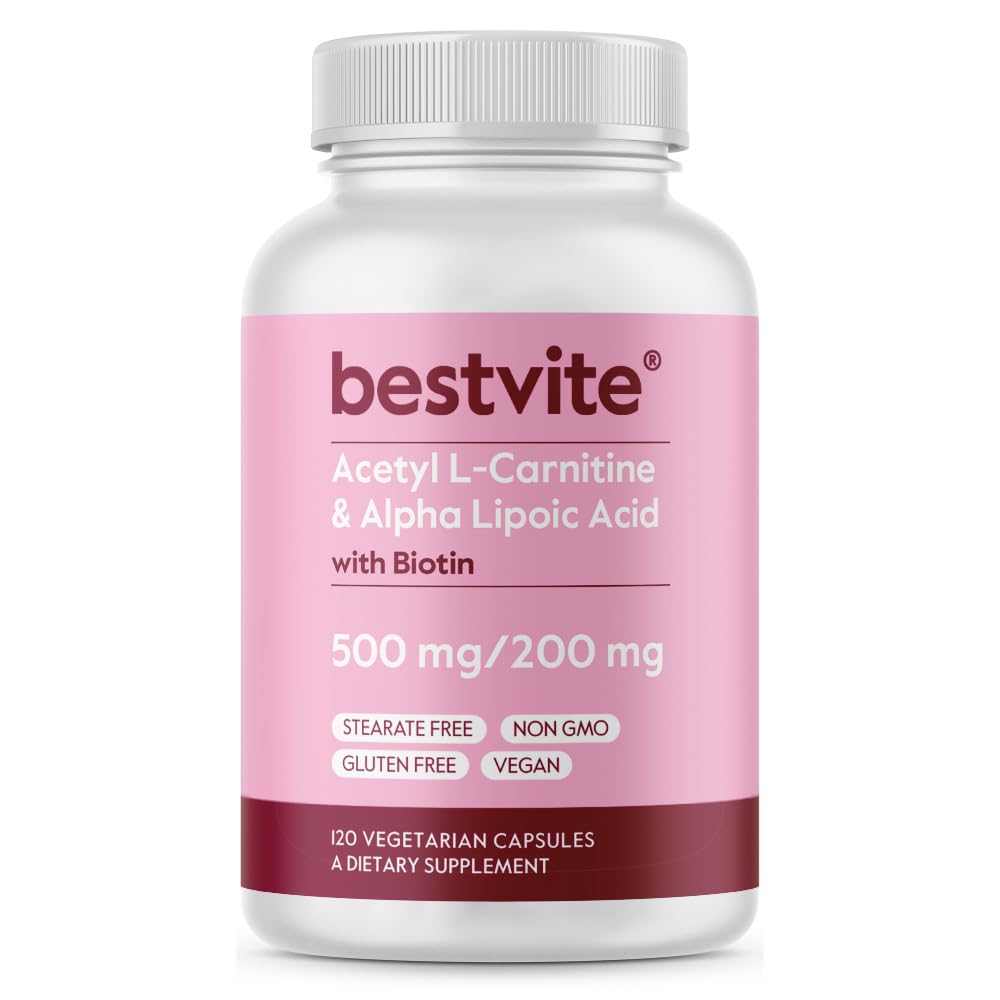 BESTVITE Acetil L-Carnitină 500mg & Acid lipoic 200mg per capsulă cu Biotină (120 capsule vegetariene) - Fără Stearet - Vegan - Non OMG - Gluten Free