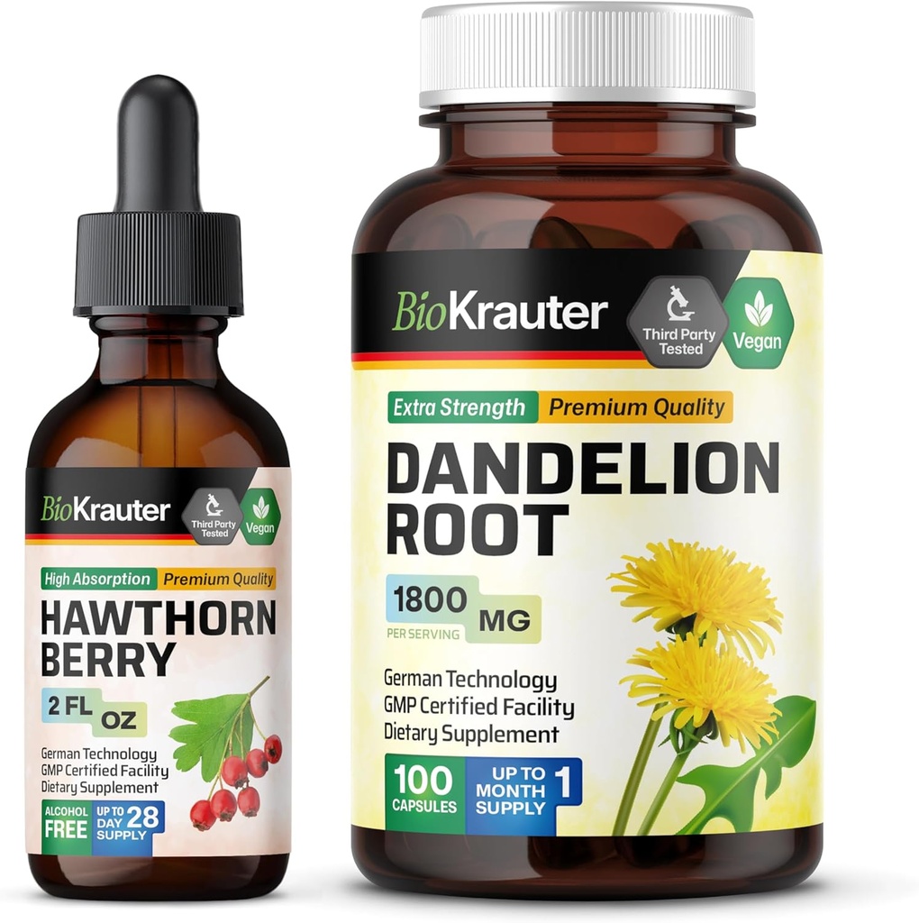 BIO KRAUTTER Hawthorn Tincture 2 Fl. Oz. & Dandelion 100 capsule