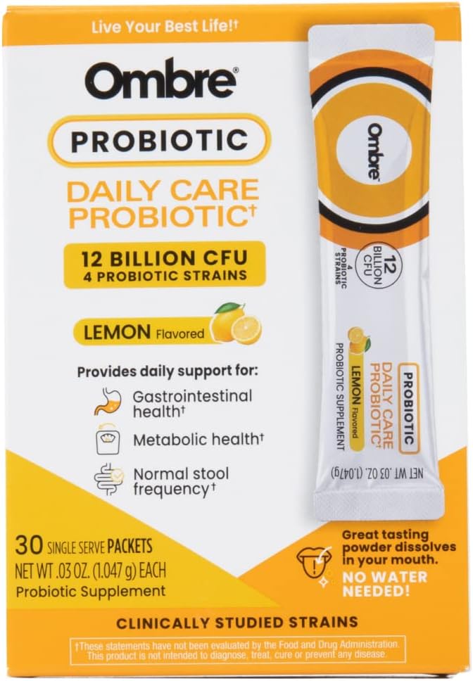 Pudră probiotică de îngrijire zilnică ombre - Prebiotice și Probiotice pentru femei, bărbați și copii - Pulberea de dislocare rapidă promovează sănătatea digestivă și wellness generală - 12 miliarde CFU - Aroma de lămâie, 30 Pachete