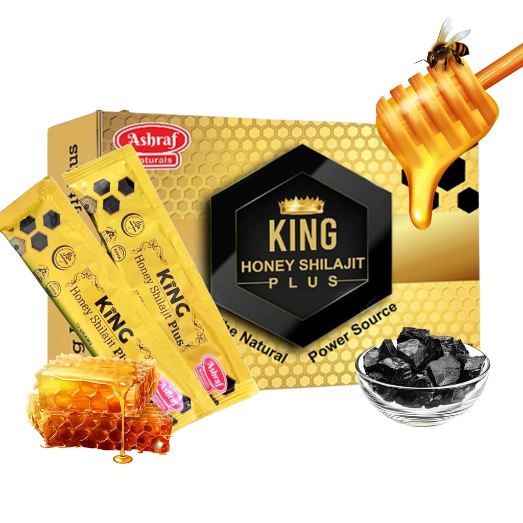 Ashraf Naturals King Honey Shilajit Plus - Premium Honey & Himalayan Shilajit Blend cu extracte din plante, Natural Energy & Vitality Support,15 Sachete x 15g