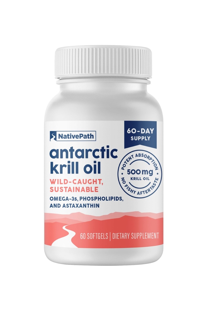 NativePath Antarctic Krill ulei - Omega 3 Krill ulei 500mg Softgels cu EPA, DHA și Astexanthin - Supliment pentru articulație, inimă, creier și imunitate - 60 ct - Nu gust de pește