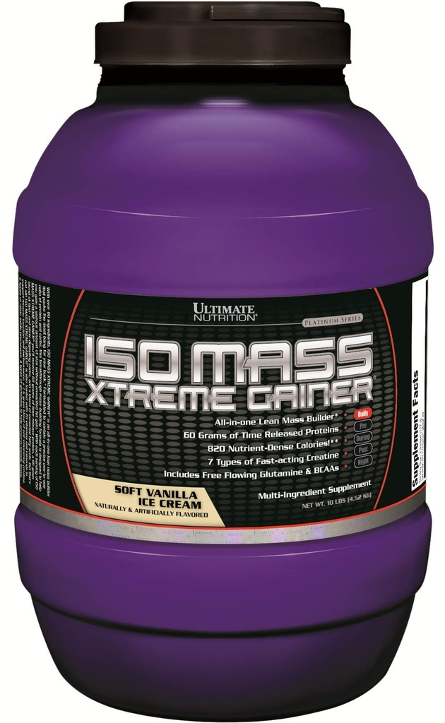 Ultimate Nutrition ISO Mass Xtreme Gainer, Greutate Gainer Proteine Pulbere cu Creatină, 60 Grams de proteine, Whey Izolate Proteine Pulbere pentru Lean Musculare Gain, 10 LBS cu 30 Serviri, Vanilla Ice Cream