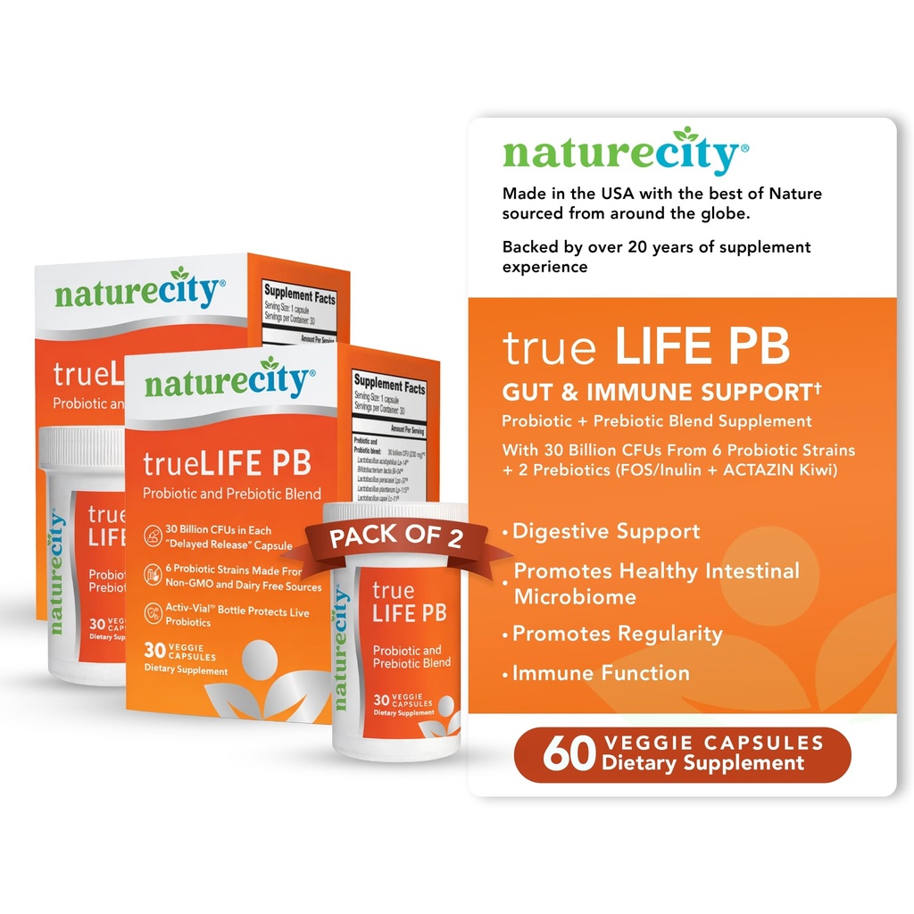 NatureCity True-Life-PB Perioada de valabilitate Amestec stabil Prebiotice și probiotice pentru femei și bărbați - Digestive Gut Suplimente de sănătate pentru femei și bărbați - Dairy Free - (60 capsule vegetale)