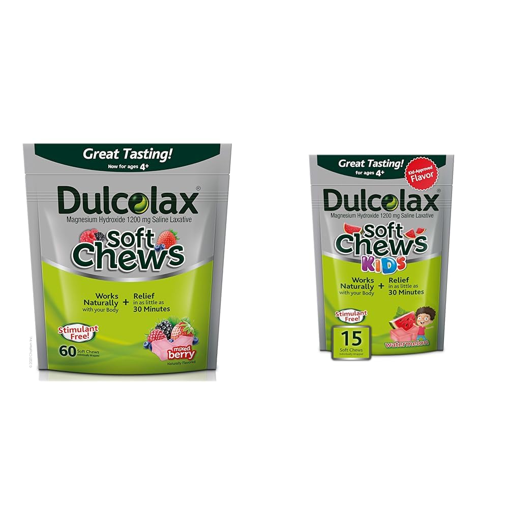 Dulcolax Soft Chews Saline Laxative Mixed Berry (60ct) Gentle Constipation Relief & Kids Soft Chews Laxative Pepene verde Laxative Gentle Constipation Relief, Magneziu