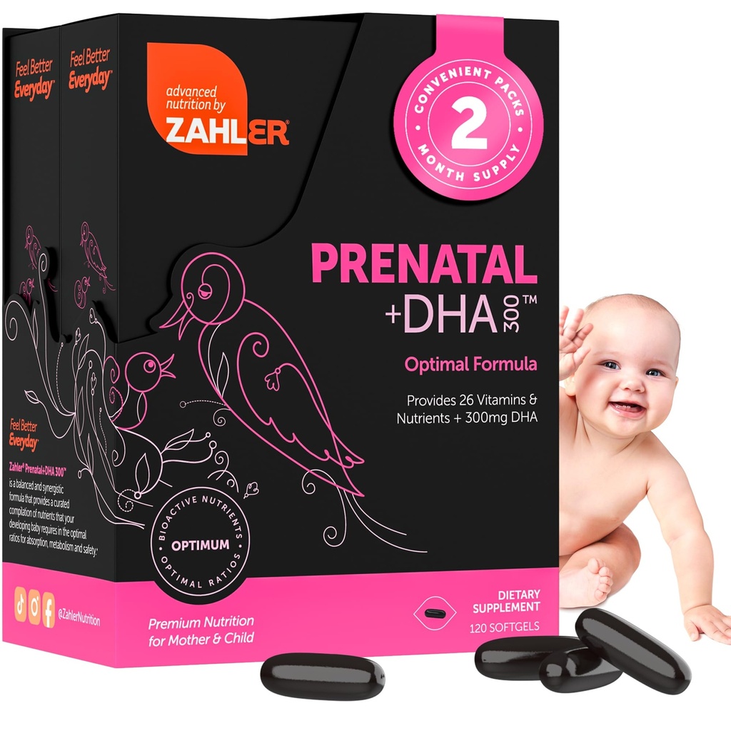 Zahler Vitamină prenatală cu DHA & Folat - Suplimente DHA & Multivitamine prenatale pentru mamă și copil - Vitamine prenatale prenatale DHA Kosher cu fier, Pre Natal Softgels (120 Count (Pachet de 1))