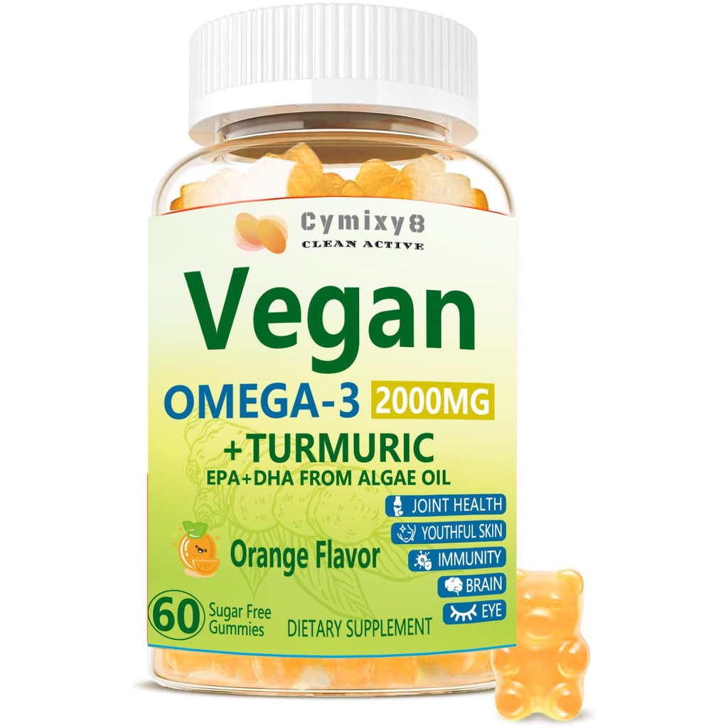 Vegan Omega 3 & Turmeric Gumies 2500mg, Algae Omega 3 DHA 800mg&EPA 400mg, cu MSM, vitamina D3, extract de rădăcină turmeric pentru creier, ochi, articulații, suplimente de ulei de pește Alternative, zahăr gratuit
