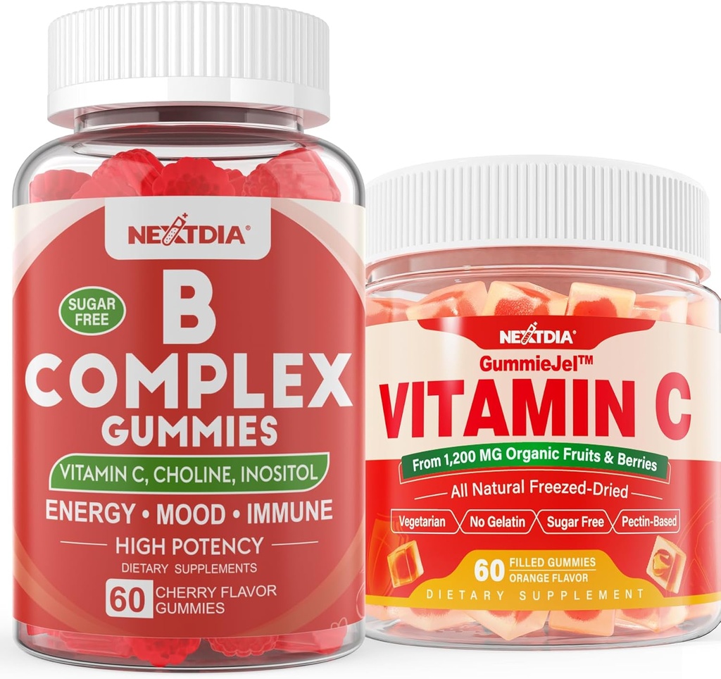 2 Pack Vitamina B Complex Gummies cu 2000 mcg Metil B12, metil Folat + 1 ambalaj întreg alimente Vitamina C Gumies