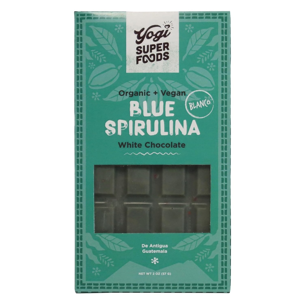 Yogi Super Foods Vegan alb ciocolata albastru Spirulina Bar, Sanatos si organic pentru energie Boost facut din unt de Cacao brut, gluten Oats gratuit, îndulcit cu Panela Sugar, Macadamia Nuts - 1 Bar