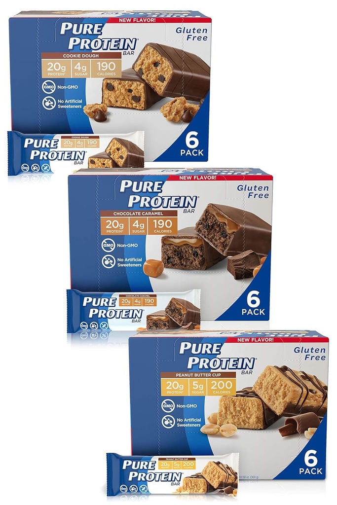 Baruri de proteine pure, proteine mari, gustări nutritive pentru a sprijini energia, zahăr scăzut, gluten gratuit, vinita gratuit Variety Pack (Cookie Dough/Choc Caramel / Peanut Butter Cup), 1.76 oz, pachet de 18