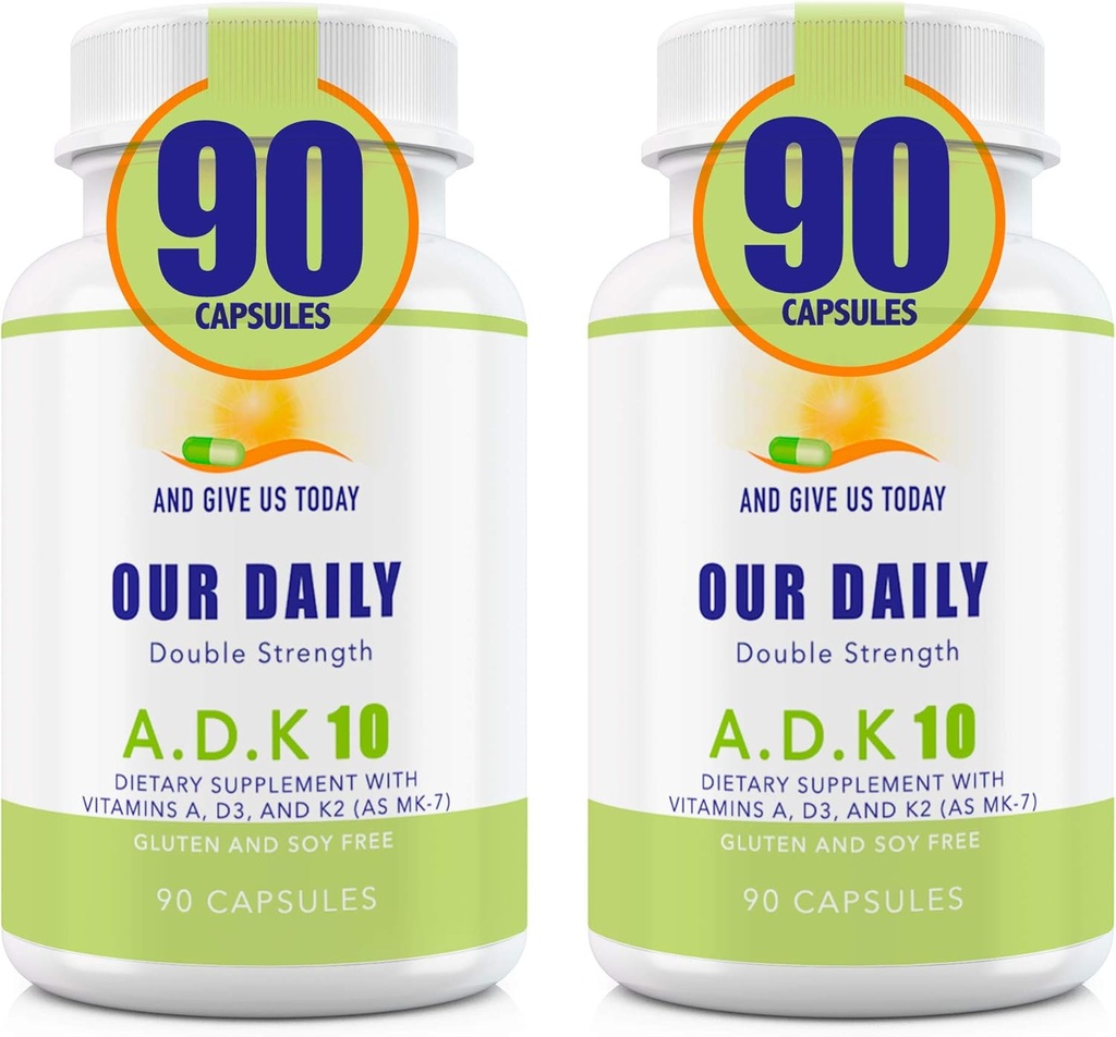 Vite zilnice ADK 10 Dublu Putere (10000 ui) Vitamine A1, D3 & K2 (sub formă de MK7) - Medic Formulat Bone & Immune System Support - Gluten Free, Non OMG - 180 Capsule vegetariene