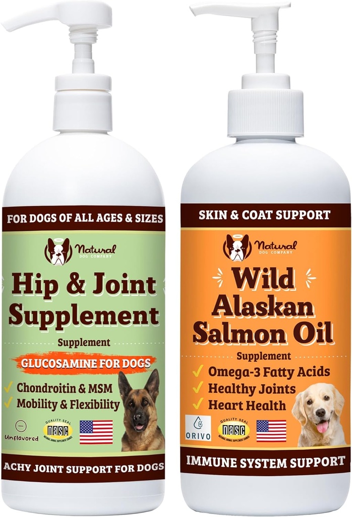 Natural Dog Company 32 oz. Bundle cu ulei de somon sălbatic Alaskan și glucosamină lichidă pentru câini, supliment de ulei de pește, suport comun și Hip