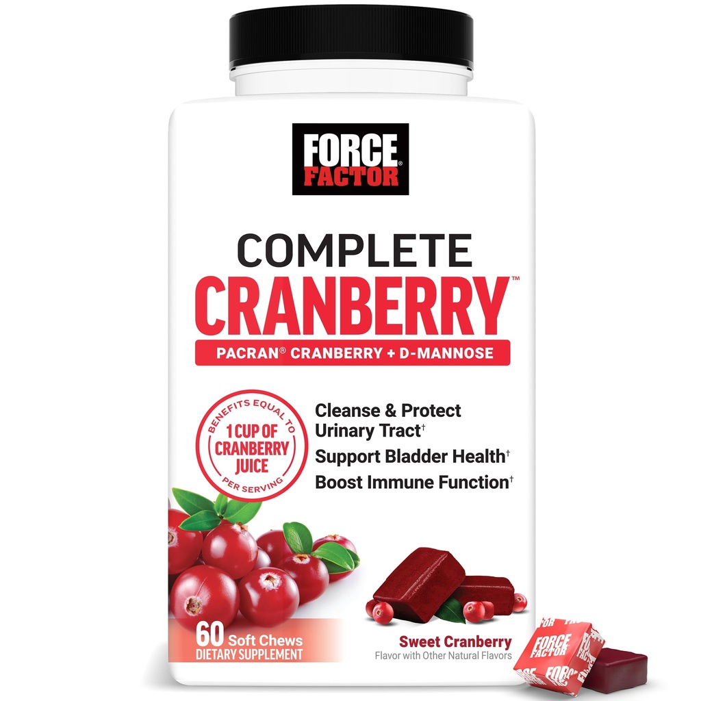 Force FACTOR Cranberry Soft Chews, supliment de afine cu D Mannose și extract de afine pentru a sprijini Bladder și tractul urinar Sănătate pentru femei, Vegan, aroma dulce de afine, 60 Chews moale