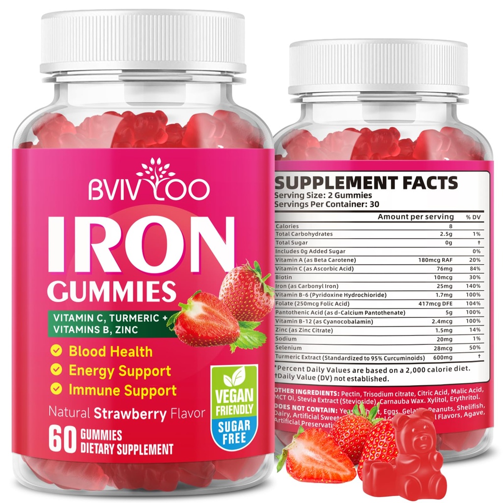 Vegan Iron Gummies pentru adulți și copii - cu vitamina C, A, B-complex, Folate, Zinc și Biotin - pentru Blood Building & Energy Support, 60 Gummies