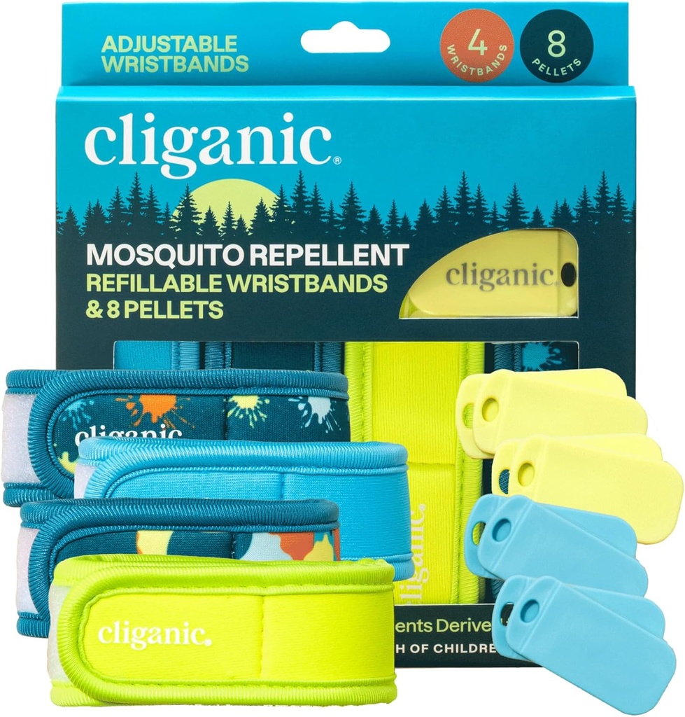 Cliganic Mosquito Repelent Pack (4 Wristbands + 8 Refill Pellets) - Ajustabil, Natural Deet-Free, Infuzat ulei esențial