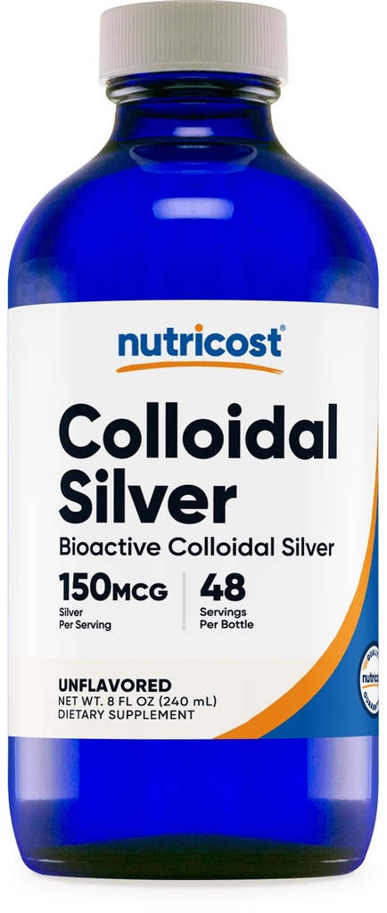 Argint coloidal Nutricost 8oz - Sticle din sticlă albastră de cobalt, argint coloidal bio-activ