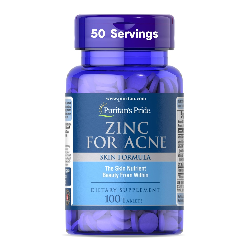 Puritan lui Pride Zinc pentru acnee Skin Formula cu vitaminele C, B-6, A, și E pentru bărbați și femei, Supliment alimentar pentru piele sanatoasa clar, Sistemul imunitar, divizia celulară și de sprijin pentru creștere, 100 comprimate