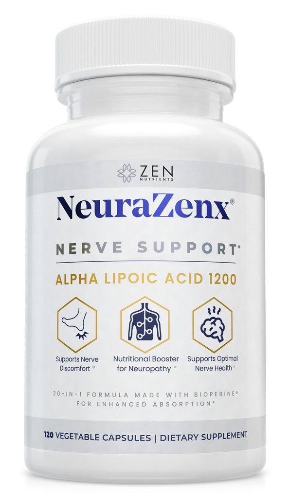 Zen Nutrients NeuraZenX Nervi Support & Neuropatie periferica Supplement cu 1200mg Alpha Lipoic Acid (ALA), Benfotiamină, L-Carnitină și Turmeric