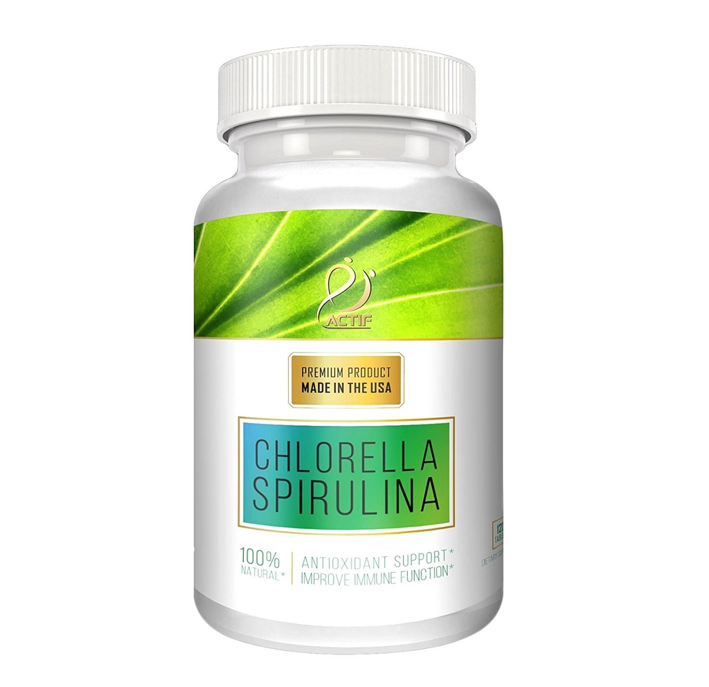 ACTIF 100% Ocean Cleaned Chlorella organică și Spirulina, Non-GMO, Cel mai bun detox și Vegan Dieta Supliment, Made in USA - 120 comprimate
