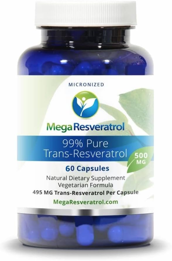 Mega Resveratrol, Grad farmaceutic,99% Pur, Izolat, Trans-Resveratrol Micronizat, 60 Veggie Caps, 500mg per Capsule. Puritate Certificată. Absolut NO Toxic 