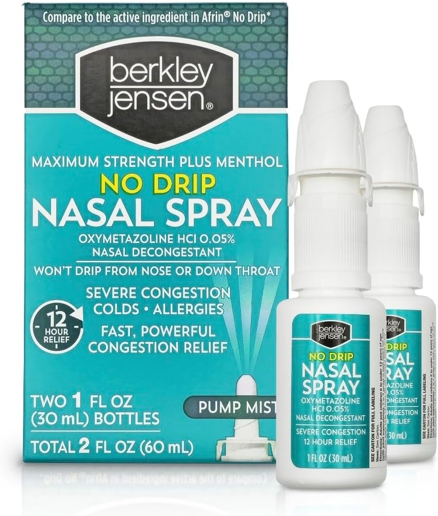 Berkley jensen No Drip Severe Congestion Nasal Spray - Rezistenta maxima Decongestionant cu HCl si mentol Oxymetazolina - Aplicator Mist Pump, No Steroid, 12 Ore Relief, 1 Fluid Ounce (Pachet de 2)