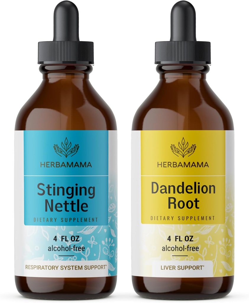 HERBAMAMA Herbal Liquid drops Kit - Bundle of Stinging Nettle & Dandelion Root Tincture 4 fl oz - Vegan, non-GMO, Sugar & Alcohol-Free - 2 Pack