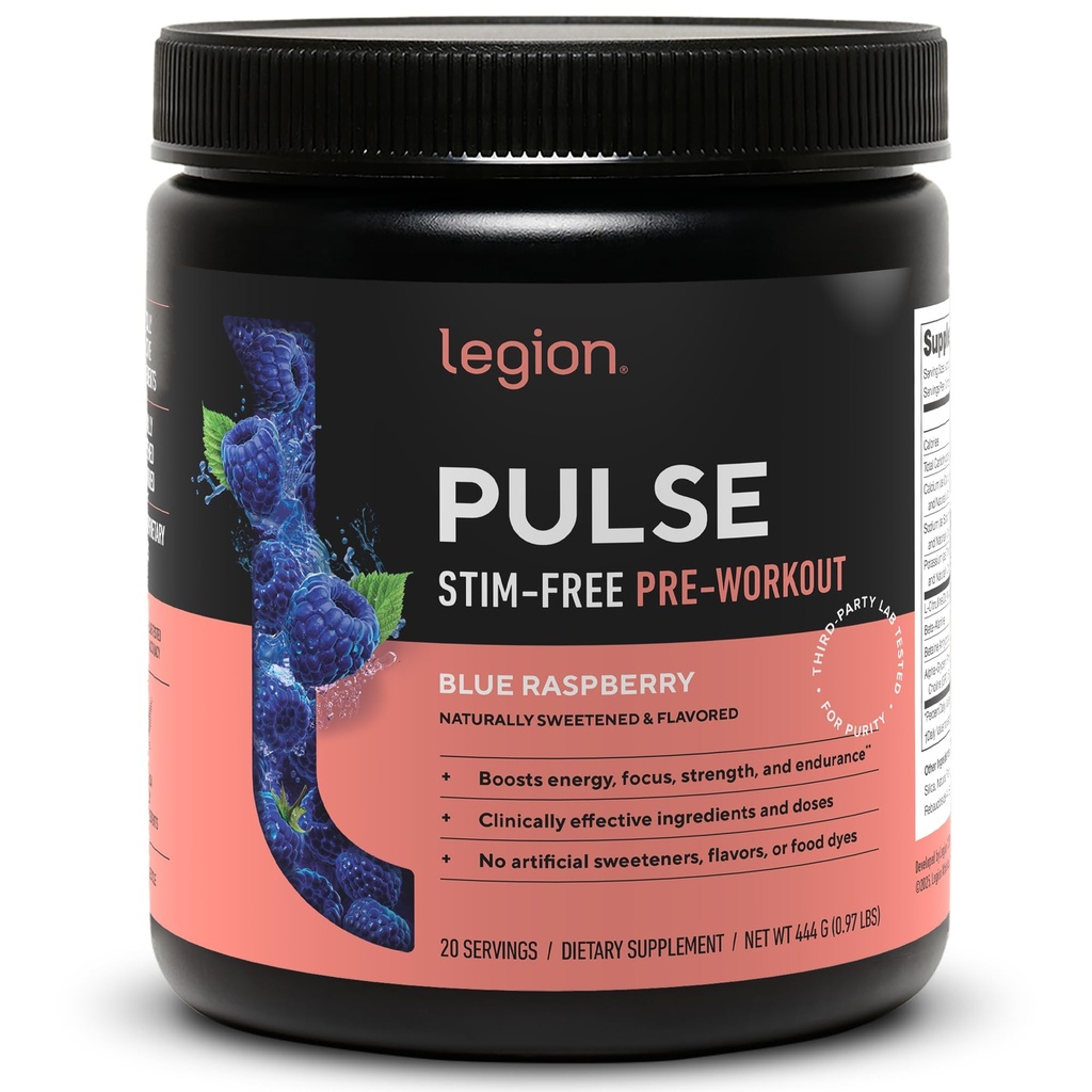 LEGION Pulse Pre Workout Supliment - Toate naturale oxid nitric Preworkout Băutură pentru a stimula energia, Creatine Free, natural îndulcit, Beta Alanine, Citruline, Alpha GPC (Cafeina gratuit albastru Razz)