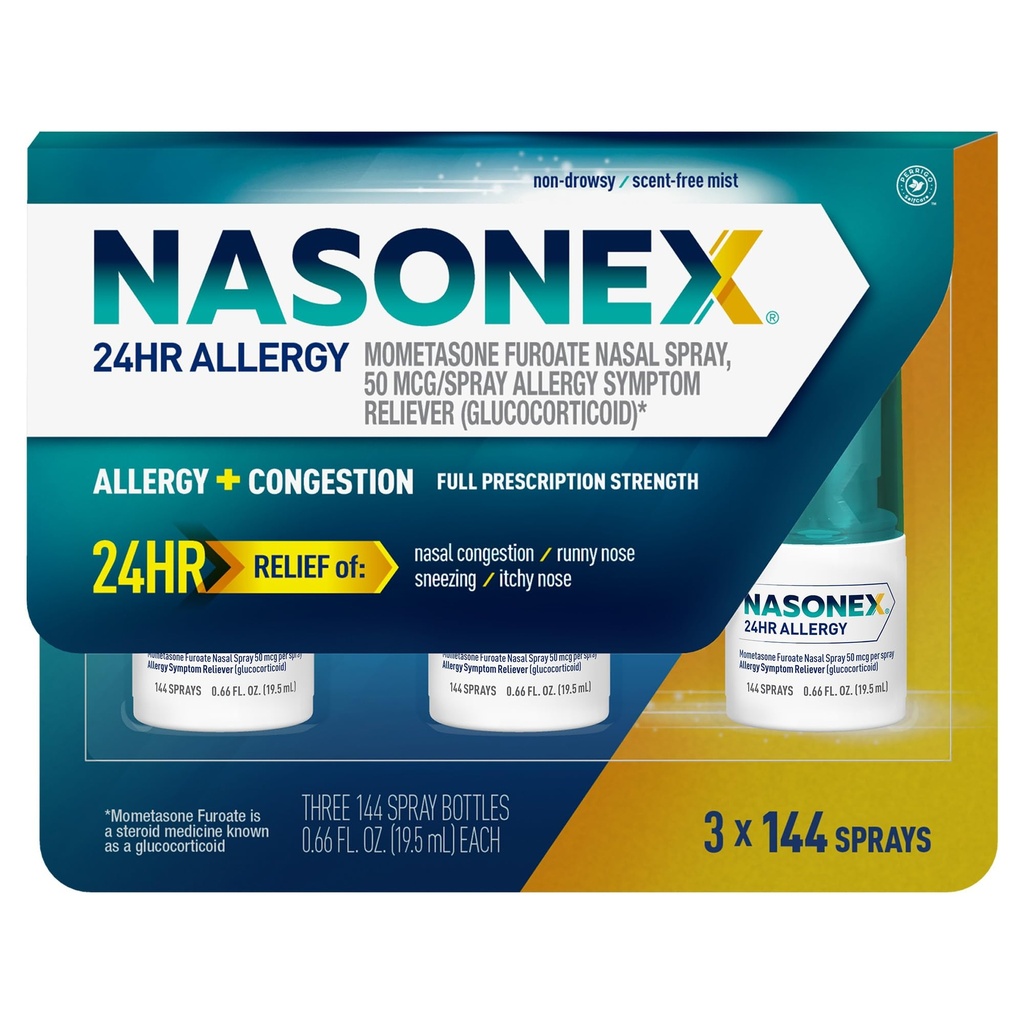 Nasonex 24HR Alergie Alergie Nasal Spray, non-drowsy, Scent-free Mist,Alergie Simptome + Congestia nazala, Puterea de prescriere completă, 120 Spray-uri (3 ambalaj)