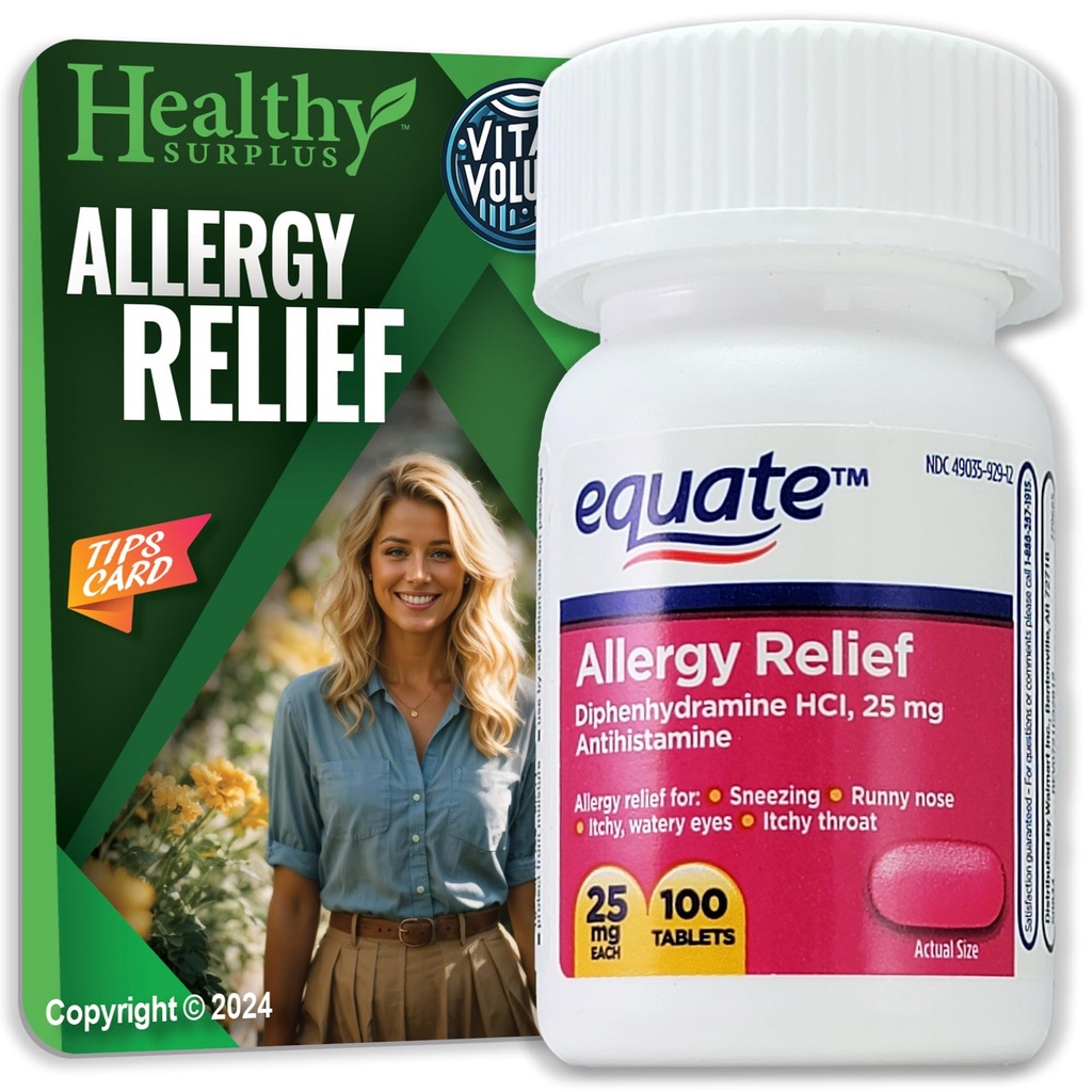 Surplus sănătos® Vital Volume Sfaturi Card & Equate Alergie Relief Difenhidramină HCL, 25 mg 100 comprimate Bundle