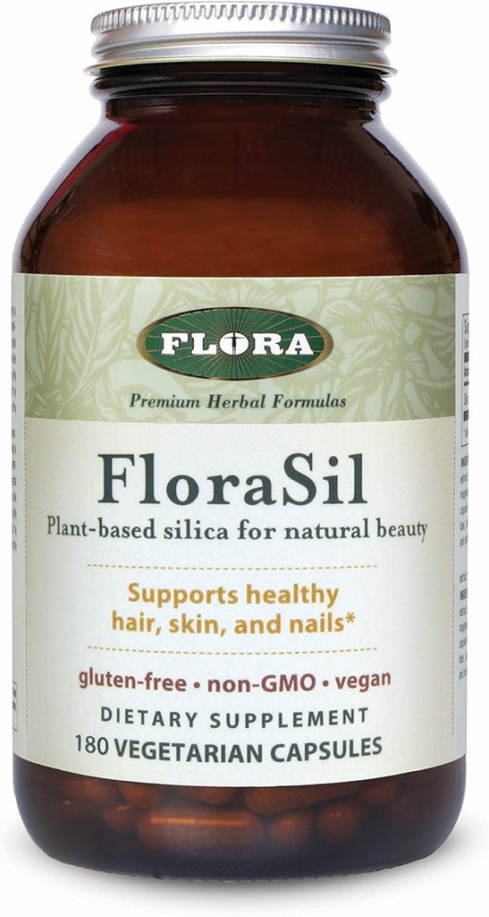 Flora - FloraSil Siliciu Supliment - Suport Natural Frumuseţe - Sprijină Păr, Piele, Nail & Bone Putere - Siliciu pe bază de plante din extract de coada calului - Vegan - 180 Capsule (180 Servings)